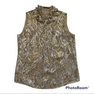 Elie Tahari Silk Sleeveless Blouse Ruffle 
Metallic Neutral Button Down Top M